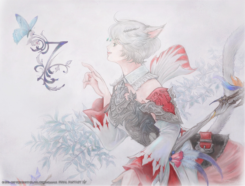 1girl animal_ears butterfly cat_ears cat_tail copyright_name detached_sleeves feathers final_fantasy final_fantasy_xiv frill_trim frills fur green_eyes hair_ornament leaf lips lipstick makeup miqo'te official_art staff tail watermark white_hair white_mage