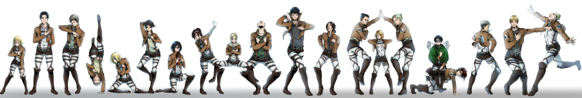 6+boys 6+girls absurdres all_fours annie_leonhardt arm_behind_back arm_up armin_arlert bertolt_hoover black_hair blonde_hair blue_eyes boots bow brown_boots brown_eyes brown_hair brown_jacket cape character_request christa_renz collarbone connie_springer crossed_arms dress_shirt eren_yeager erwin_smith full_body green_hair green_shirt grey_shirt hair_bow hand_on_hip hand_on_own_knee hange_zoe heart heart_hands highres jacket jean_kirchstein knee_boots kneeling levi_(shingeki_no_kyojin) long_hair long_image looking_at_viewer looking_up marco_bodt marichi mikasa_ackerman military military_uniform multiple_boys multiple_girls open_clothes open_jacket outstretched_arms pants petra_ral red_eyes red_scarf reiner_braun sasha_braus scarf shingeki_no_kyojin shirt short_hair short_ponytail simple_background sitting sitting_on_person standing standing_on_one_leg thigh_strap uniform v very_short_hair white_background white_pants white_shirt wide_image ymir_(shingeki_no_kyojin)