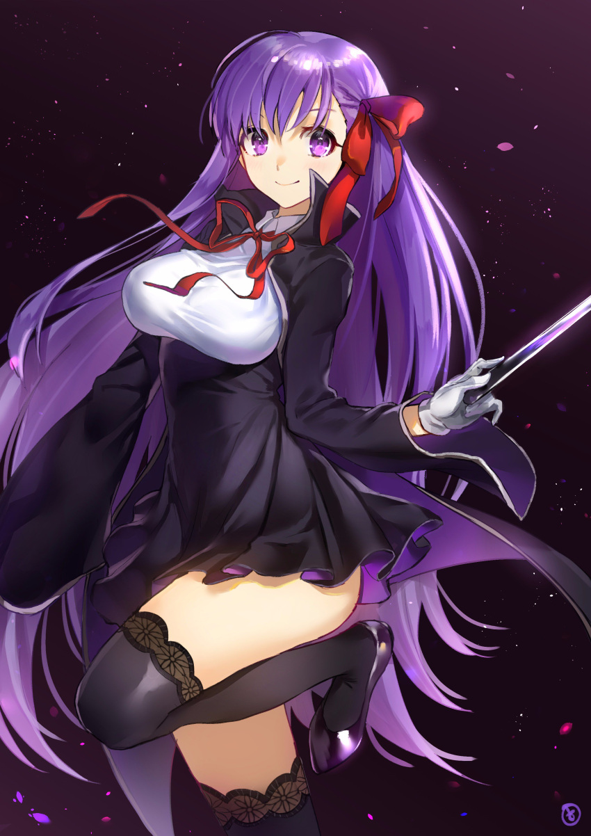 1girl absurdres bangs bb_(fate/extra_ccc) blush closed_mouth cowboy_shot dress fate/extra fate/extra_ccc fate_(series) from_side gloves grey_gloves hair_ribbon hieung highres holding lace lace-trimmed_thighhighs long_hair looking_at_viewer purple_hair red_ribbon ribbon short_dress signature smile solo thigh-highs thighs very_long_hair violet_eyes