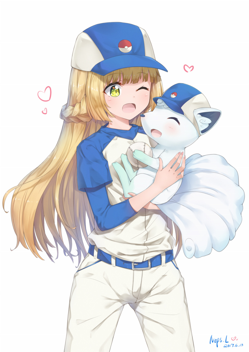 1girl ;d alola_form alolan_vulpix artist_name ball bangs baseball baseball_cap baseball_uniform belt belt_buckle blonde_hair blunt_bangs blush braid buckle commentary_request dated ears_through_headwear eyebrows_visible_through_hair french_braid green_eyes hat heart highres holding legs_apart lillie_(pokemon) long_hair long_sleeves neps-l one_eye_closed open_mouth pants poke_ball_print pokemon pokemon_(anime) pokemon_(creature) pokemon_sm_(anime) shirt simple_background smile sportswear tareme very_long_hair white_background white_pants