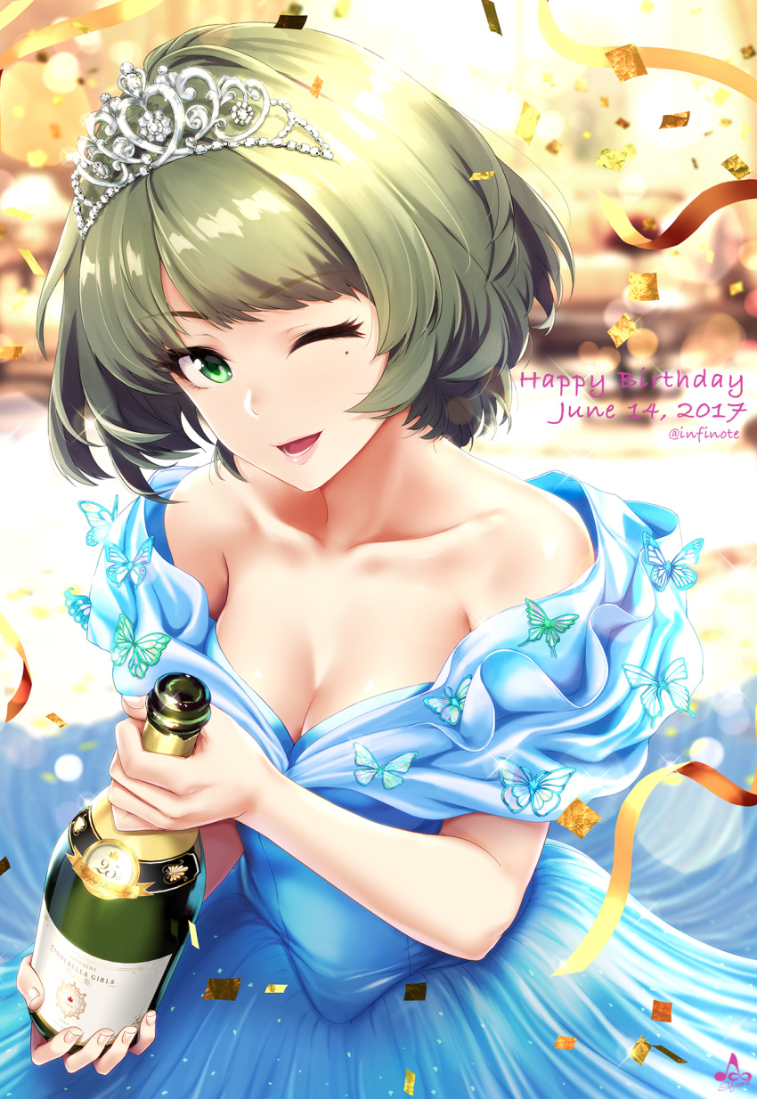 1girl bare_shoulders blurry bokeh bottle breasts brown_hair butterfly cleavage collarbone confetti dated depth_of_field dress eyelashes green_eyes happy_birthday highres holding idolmaster idolmaster_cinderella_girls infinote looking_at_viewer medium_breasts mole mole_under_eye one_eye_closed open_mouth ribbon short_hair smile solo takagaki_kaede tiara wine_bottle
