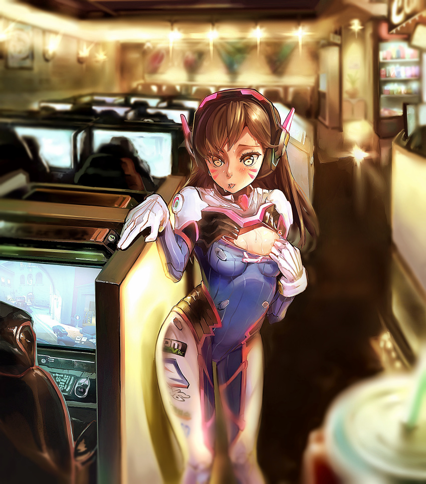 1girl :p absurdres bangs blurry blush bodysuit breasts brown_eyes brown_hair commentary contrapposto cowboy_shot d.va_(overwatch) depth_of_field donguru facial_mark gloves headphones highres hot internet_cafe long_hair looking_at_viewer medium_breasts meta monitor overwatch pilot_suit pov revision smile solo standing sweat sweating swept_bangs tongue tongue_out whisker_markings white_gloves