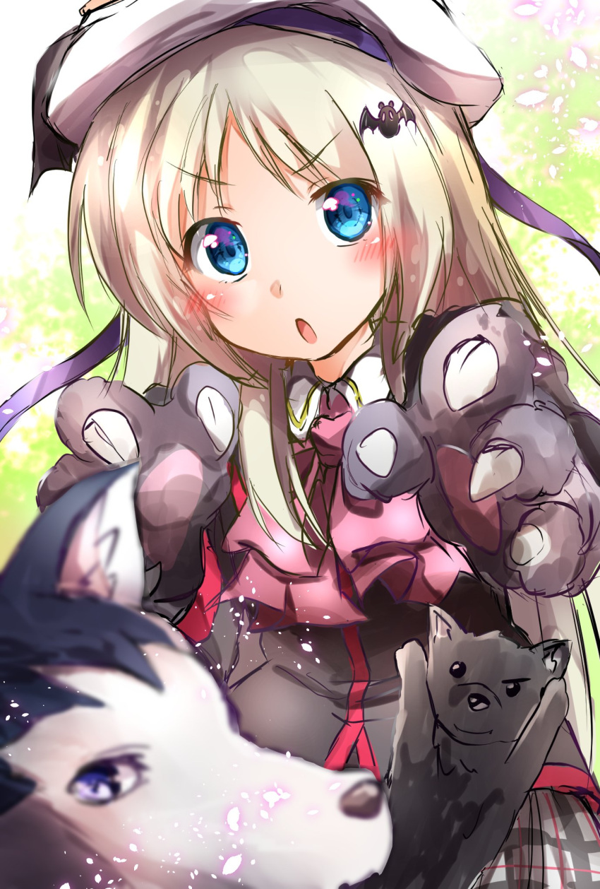 1girl bat_hair_ornament belka blue_eyes bow ca2la cape dog gloves hair_ornament hat highres little_busters!! looking_at_viewer noumi_kudryavka open_mouth paw_gloves paws pink_bow plaid plaid_skirt school_uniform silver_hair skirt strelka