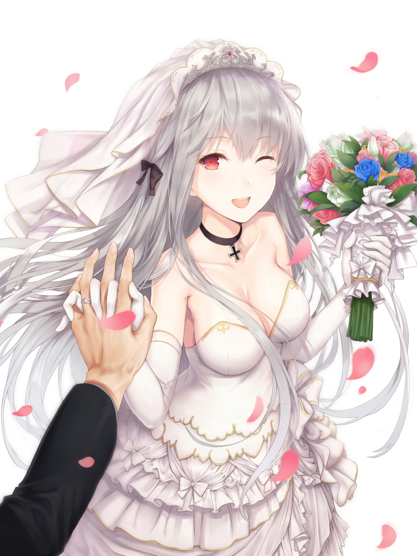 1boy 1girl ;d absurdres bangs black_bow blush bouquet bow breasts bridal_gauntlets bridal_veil collar collarbone dress eyebrows_visible_through_hair flower girls_frontline grey_hair hair_bow hands_up highres holding holding_bouquet interlocked_fingers iron_cross kar98k_(girls_frontline) large_breasts leon_v long_hair looking_at_viewer one_eye_closed open_mouth out_of_frame petals pov red_eyes simple_background smile solo_focus teeth veil very_long_hair wedding_dress white_background white_dress