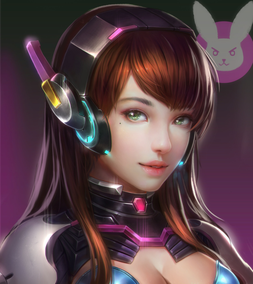 1girl breasts brown_hair cleavage cleavage_cutout d.va_(overwatch) eyebrows_visible_through_hair glowing green_eyes headgear highres logo long_hair looking_at_viewer medium_breasts mole mole_under_eye overwatch parted_lips pilot_suit pink_lips portrait purple_background realistic shiny shiny_hair shoulder_pads sidelocks simple_background smile solo upper_body zhen_guodong