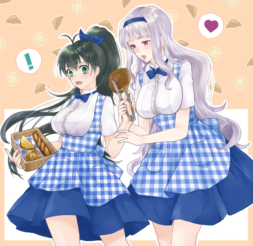 ! 2girls absurdres antenna_hair bangs black_hair fang ganaha_hibiki hairband heart highres idolmaster long_hair multiple_girls nakamura_(mugenlism) pastry ponytail shijou_takane silver_hair spoken_exclamation_mark spoken_heart