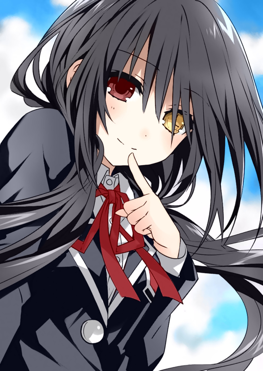 1girl 7a61 black_hair black_jacket clock_eyes clouds cloudy_sky date_a_live day eyebrows_visible_through_hair finger_to_mouth floating_hair heterochromia highres index_finger_raised jacket long_hair neck_ribbon outdoors red_eyes red_ribbon ribbon school_uniform shirt sky smile solo symbol-shaped_pupils tokisaki_kurumi twintails upper_body very_long_hair white_shirt yellow_eyes