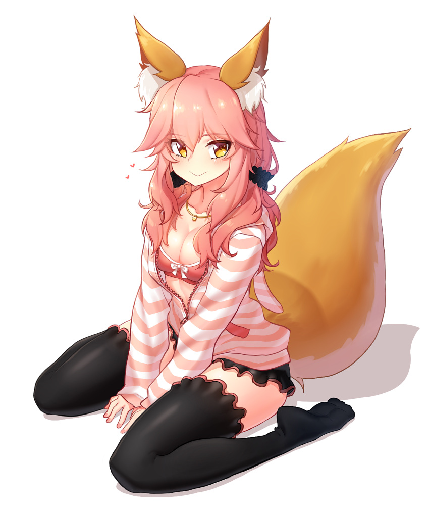 1girl animal_ears between_thighs black_legwear bra breasts cleavage closed_mouth eyebrows_visible_through_hair fate/extra fate/extra_ccc fate_(series) fox_ears fox_tail full_body hair_between_eyes hair_ornament hair_scrunchie heart highres hood hooded_jacket hoodie jacket jewelry long_hair looking_at_viewer medium_breasts narynn necklace pink_bra pink_hair scrunchie simple_background sitting sleeves_past_wrists smile solo striped striped_jacket tail tamamo_(fate)_(all) tamamo_no_mae_(fate) thigh-highs underwear unzipped wariza white_background yellow_eyes zipper