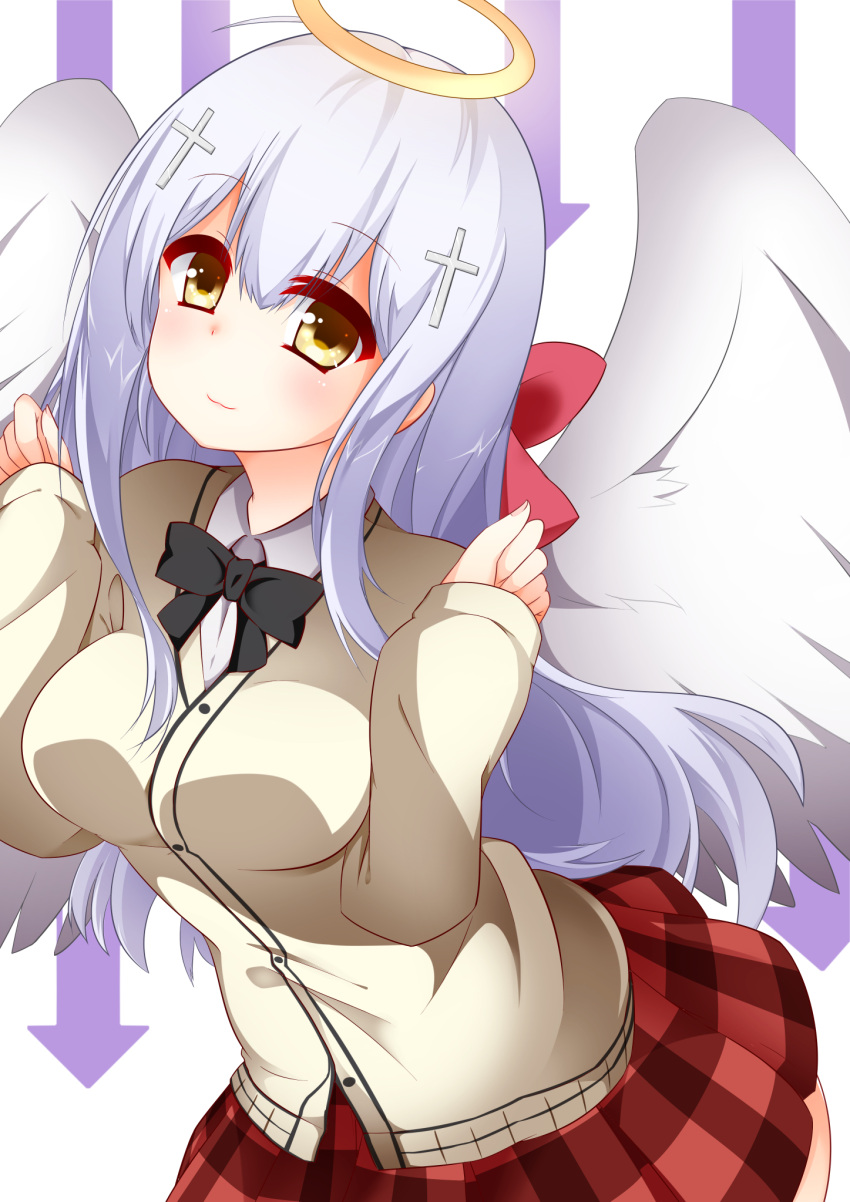 1girl ahoge angel angel_wings arms_at_sides arrow_background bow bowtie breasts cardigan cowboy_shot cross_hair_ornament gabriel_dropout hair_bow hair_ornament halo highres leaning_forward long_hair looking_at_viewer medium_breasts pleated_skirt school_uniform shiraha_raphiel_ainsworth skirt smile solo struts white_hair white_har wings yellow_eyes