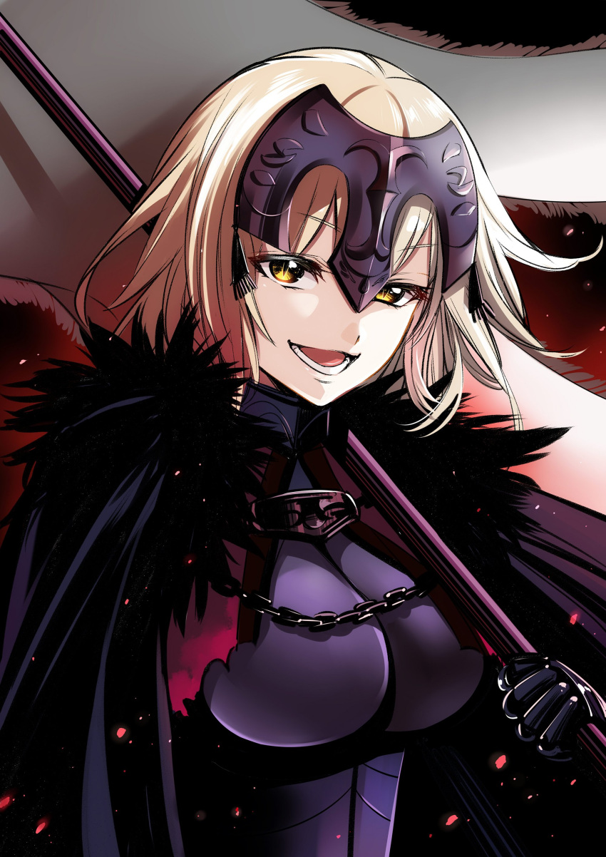 1girl :d absurdres banner blonde_hair breasts breasts_apart cape chains eyebrows_visible_through_hair fate/grand_order fate_(series) gauntlets hair_ornament highres holding jeanne_alter large_breasts looking_at_viewer open_mouth ruler_(fate/apocrypha) short_hair smile solo tate tate_(donnguriumai) upper_body yellow_eyes