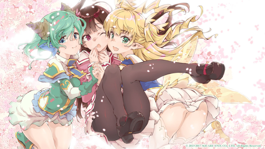 3girls aqua_eyes ass black_bow blonde_hair blue_eyes bow clarice_umbra convenient_leg elf erika_oldenburg fairy green_hair hair_bow horns knees_together_feet_apart legs_together long_hair medium_hair multiple_girls one_eye_closed petals pointy_ears pop-up_story school_uniform serizawa_shion thomasz