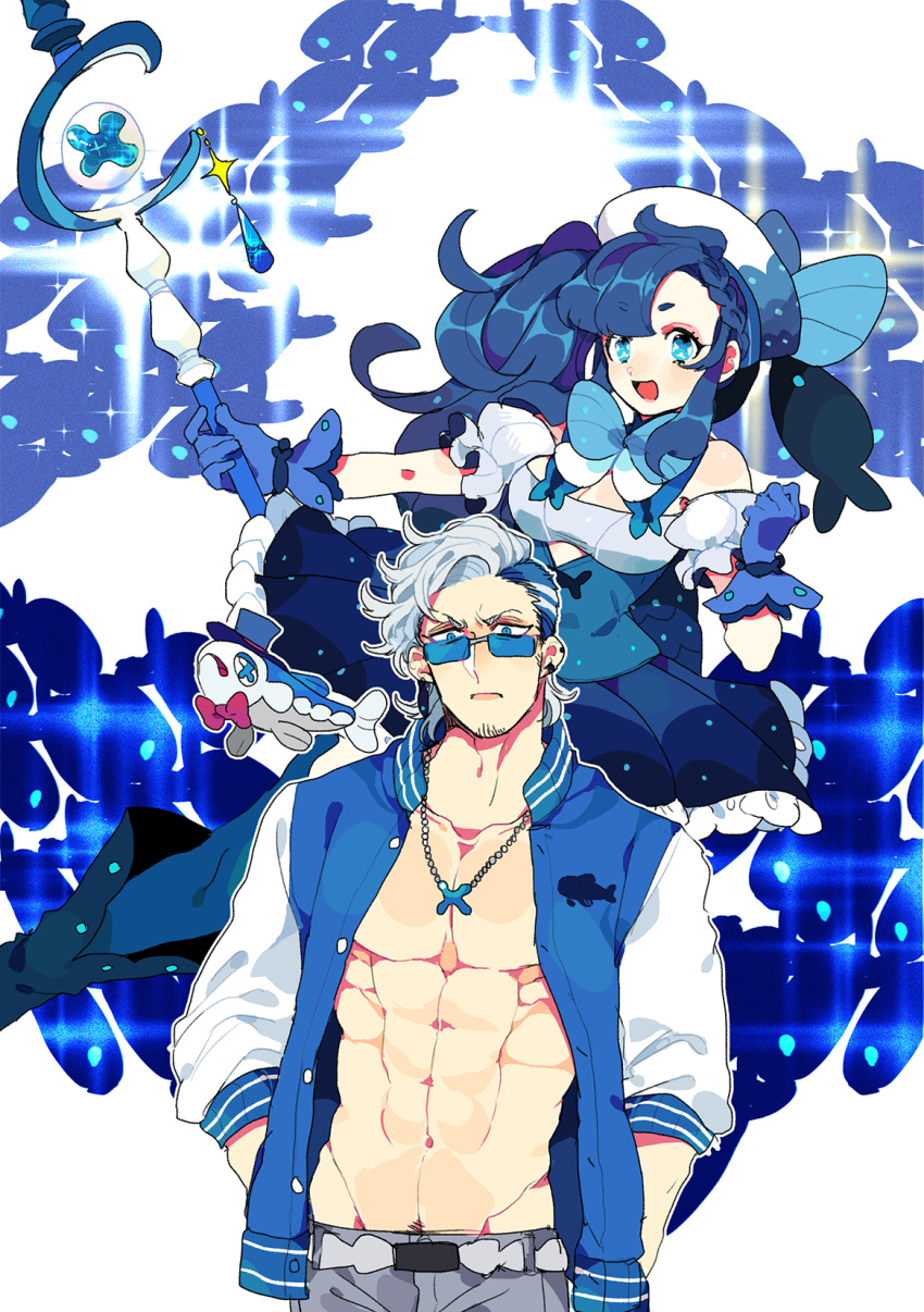 +_+ 1boy 1girl belt blue_dress blue_gloves blue_hair blue_legwear bow bowtie braid breasts cleavage dress earrings facial_hair fish_earrings glasses gloves grey_pants hat highres jacket jewelry looking_at_viewer multicolored_hair muscle navel necklace open_clothes open_jacket pants personification pokemon pokemon_(creature) shioya_(soooooolt) staff standing top_hat two-tone_hair white_hair white_hat wishiwashi