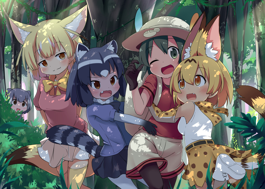 5girls :3 :d ;d animal_ears arms_behind_back backpack bag black_gloves black_hair black_skirt blonde_hair boots bow bowtie brown_eyes commentary_request common_raccoon_(kemono_friends) dappled_sunlight day elbow_gloves fang fennec_(kemono_friends) forest fox_ears fox_tail fur_collar girl_sandwich gloves green_eyes green_hair grey_hair hat hat_feather highres hug kaban_(kemono_friends) kemono_friends makuran multicolored_hair multiple_girls nature one_eye_closed open_mouth orange_eyes otter_ears outdoors pantyhose_under_shorts peeking_out plant print_gloves print_skirt raccoon_ears raccoon_tail red_shirt sandwiched serval_(kemono_friends) serval_ears serval_print serval_tail shirt short_hair shorts skirt sleeveless sleeveless_shirt small-clawed_otter_(kemono_friends) smile striped_tail sunlight tail thigh-highs tree white_boots white_hair white_legwear white_shirt yellow_legwear