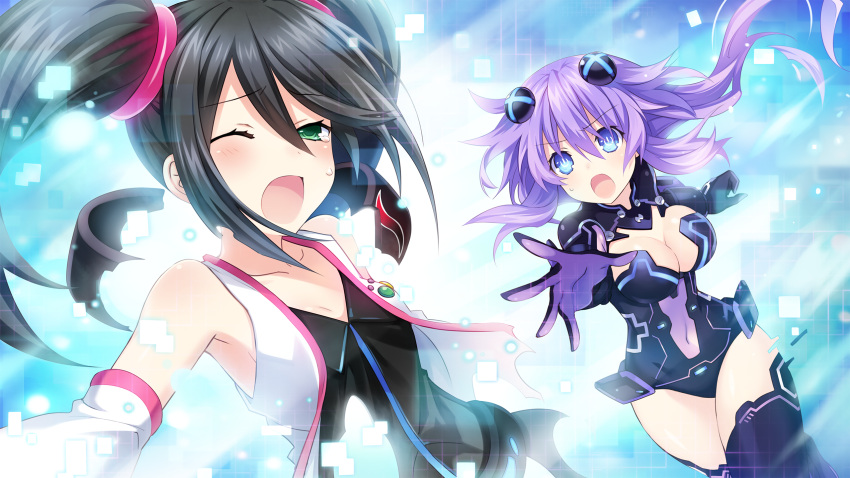 2girls :o ;o armpits bangs bare_shoulders black_hair black_legwear blue_eyes blush breasts choujigen_taisen_neptune_vs_sega_hard_girls cleavage cleavage_cutout covered_navel cowboy_shot detached_sleeves dutch_angle emblem floating_hair game_cg gloves glowing green_eyes hair_between_eyes hair_ornament highres hips large_breasts leotard long_hair looking_at_viewer magical_girl multiple_girls neptune_(choujigen_game_neptune) neptune_(series) one_eye_closed open_clothes open_vest outstretched_arm outstretched_hand power_symbol purple_hair purple_heart raised_eyebrows reaching sega_saturn_(sega_hard_girls) sideboob sidelocks small_breasts sweatdrop symbol-shaped_pupils tears tsunako turtleneck twintails vest wide-eyed wince x_hair_ornament