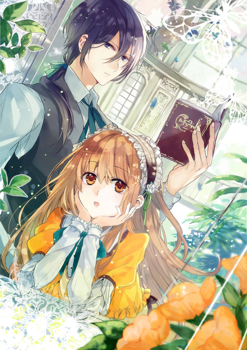 1boy 1girl absurdres black_hair blue_eyes book brown_hair butler chin_rest dtuch_angle float floating_hair fujiwara_truffe green_ribbon hair_between_eyes hair_ribbon hairband highres holding holding_book lolita_hairband long_hair looking_at_viewer open_book original ribbon shirt white_shirt yellow_flower