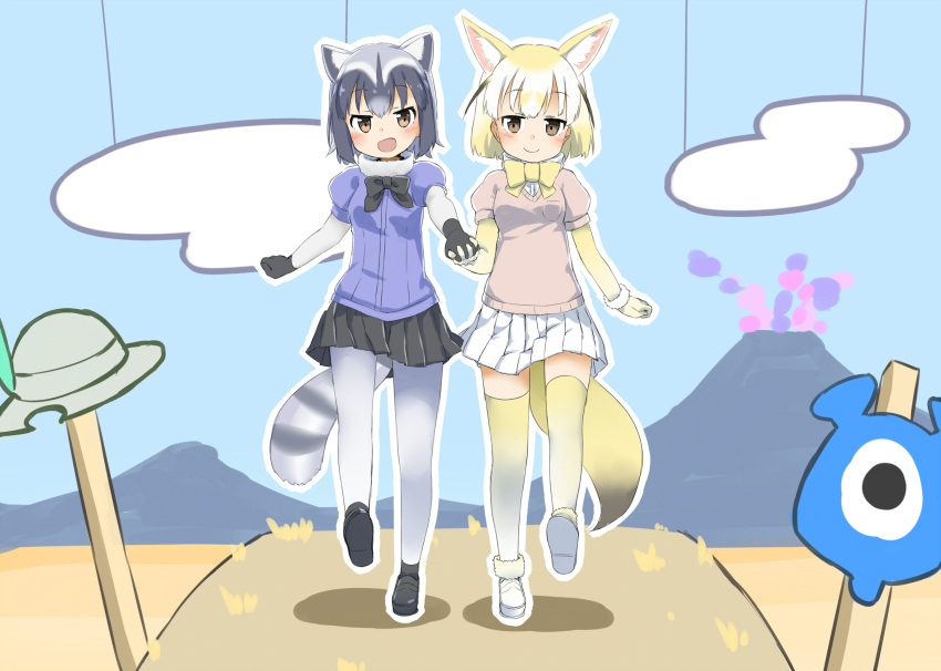 2girls animal_ears black_gloves black_hair black_skirt blonde_hair blush bow bowtie brown_eyes bucket_hat clouds common_raccoon_(kemono_friends) fang fennec_(kemono_friends) fox_ears fox_tail full_body gloves hand_holding hat hat_feather highres kemono_friends looking_at_viewer mountain multiple_girls open_mouth outdoors outline pantyhose pleated_skirt raccoon_ears raccoon_tail sekira_ame shoes short_hair short_sleeves skirt sky smile tail thigh-highs walking white_legwear white_outline white_skirt yama_no_susume