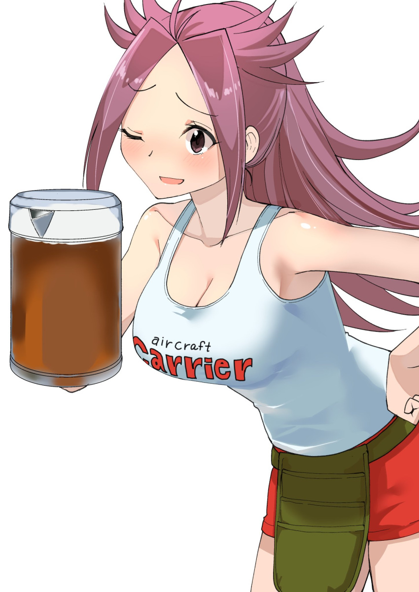 10s 1girl alcohol beer beer_mug breasts clothes_writing highres holding jun'you_(kantai_collection) kantai_collection large_breasts long_hair masukuza_j no_legwear one_eye_closed open_mouth purple_hair red_shorts shorts simple_background smile solo spiky_hair violet_eyes white_background