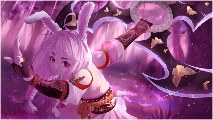 1girl animal_ears artist_request braid bunny_tail elin_(tera) fingerless_gloves gloves highres huge_weapon japanese_clothes kimono long_hair ninja obi outstretched_arms pink_eyes pink_hair rabbit_ears rope sash shuriken solo tail tera_online twin_braids twintails weapon yukata