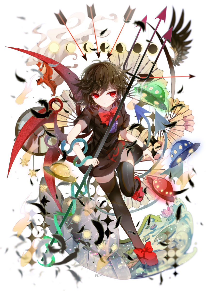 1girl arrow asymmetrical_wings black_dress black_feathers black_hair black_legwear bow bowtie dress fangs feathers flower full_body highres houjuu_nue looking_at_viewer lotus polearm red_bow red_bowtie red_eyes red_shoes shoes short_dress short_hair short_sleeves snake solo thigh-highs touhou trident ufo weapon white_background wings wrist_cuffs yasato