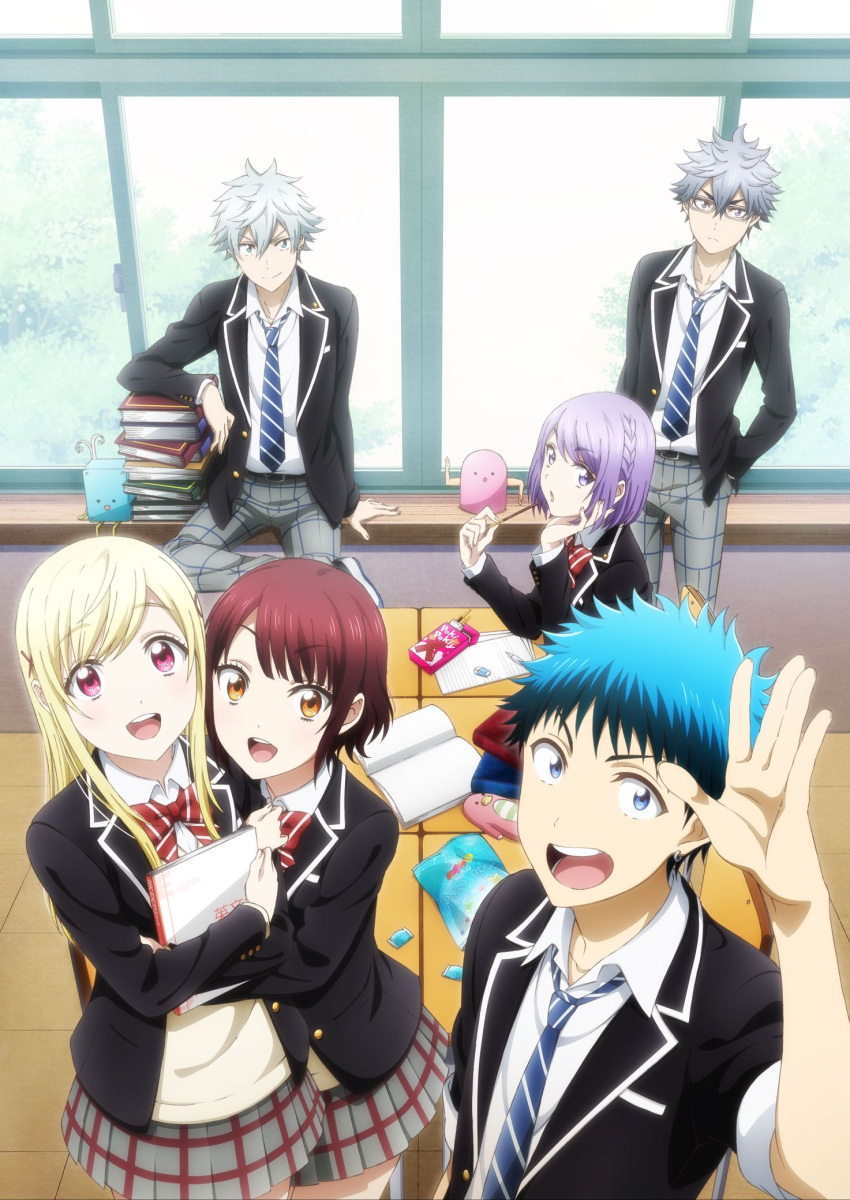 3boys 3girls :d arm_support arm_up belt black_jacket blonde_hair blue_eyes blue_hair blue_necktie book bow bowtie chin_rest collarbone day eyebrows_visible_through_hair glasses grey_hair grey_pants grey_skirt hair_between_eyes hand_on_hip highres igarashi_ushio indoors itou_miyabi jacket long_hair looking_at_viewer miniskirt miyamura_toranosuke multiple_boys multiple_girls necktie odagiri_nene open_clothes open_jacket open_mouth orange_eyes pants pleated_skirt purple_hair red_bow red_bowtie red_eyes redhead school_uniform shiraishi_urara shirt short_hair silver_hair sitting skirt smile spiky_hair standing striped striped_bow striped_bowtie striped_necktie very_short_hair white_shirt window yamada-kun_to_7-nin_no_majo yamada_ryuu yellow_eyes