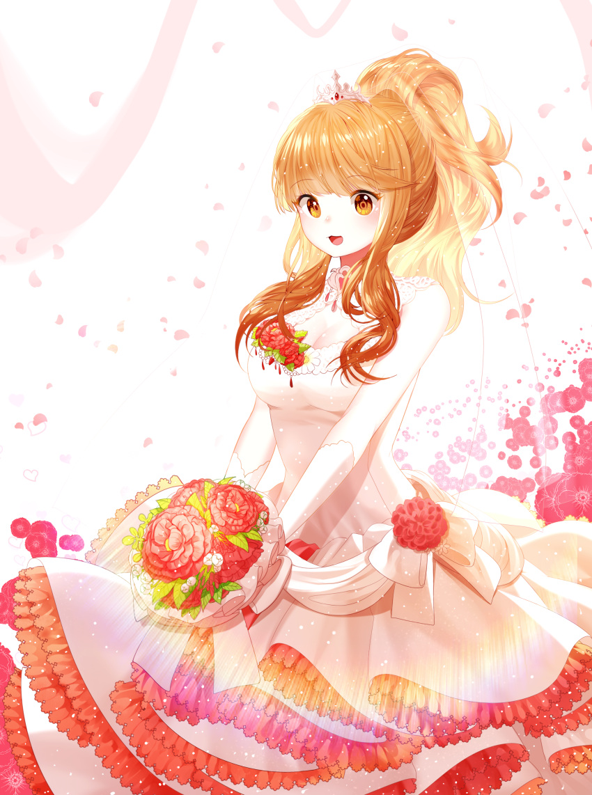 1girl absurdres bouquet breasts bridal_veil brown_eyes brown_hair cleavage diadem dress elbow_gloves eyebrows_visible_through_hair flower gbrown_hair gloves high_ponytail highres holding holding_bouquet idolmaster idolmaster_cinderella_girls idolmaster_cinderella_girls_starlight_stage large_breasts layered_dress lepoule_(kmjh90) long_hair moroboshi_kirari open_mouth petals red_flower sleeveless sleeveless_dress solo standing stanidn transparent transprent veil very_long_hair wedding_dress white_dress white_gloves