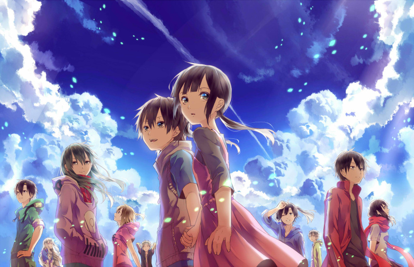 5girls 6+girls arm_up arms_behind_back arms_behind_head black_hair black_shirt blue_shirt blue_sweater brown_eyes clouds cloudy_sky day dress floating_hair green_sweater grey_shirt grin hair_between_eyes hand_holding hand_on_hip hands_in_pocket highres hood hooded_sweater jacket kagerou_project looking_at_viewer looking_up multiple_girls noahxxx one_eye_closed open_clothes open_jacket open_mouth outdoors parted_lips petals pink_sweater red_dress red_eyes red_jacket red_scarf red_sweater scarf shirt short_hair short_sleeves side_ponytail silver_hair sky smile standing sweater upper_body violet_eyes
