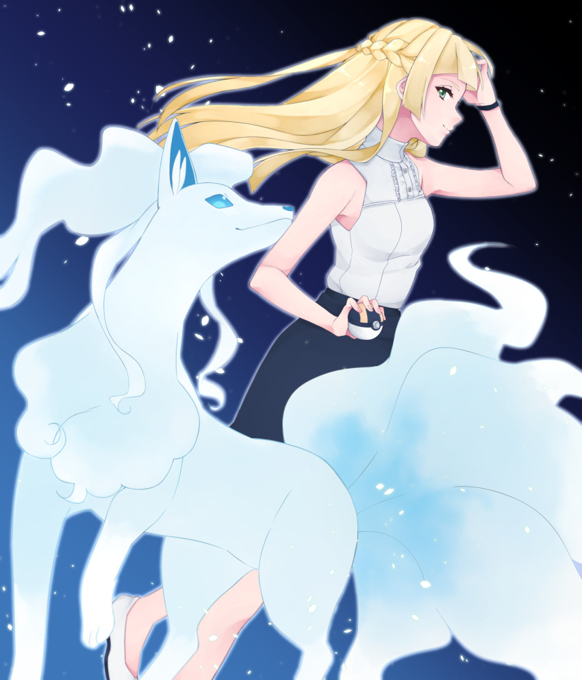 1girl alola_form alolan_ninetales arm_up bangs bare_arms bare_shoulders black_skirt blonde_hair blunt_bangs braid breasts chun_(ya_i_memories) closed_mouth commentary_request french_braid from_side gradient gradient_background green_eyes hair_tousle highres holding holding_poke_ball lillie_(pokemon) long_hair looking_at_viewer medium_breasts no_legwear older outline poke_ball pokemon pokemon_(anime) pokemon_(creature) pokemon_sm_(anime) shirt shoes sidelocks skirt sleeveless sleeveless_shirt standing two-tone_background ultra_ball white_outline white_shirt white_shoes