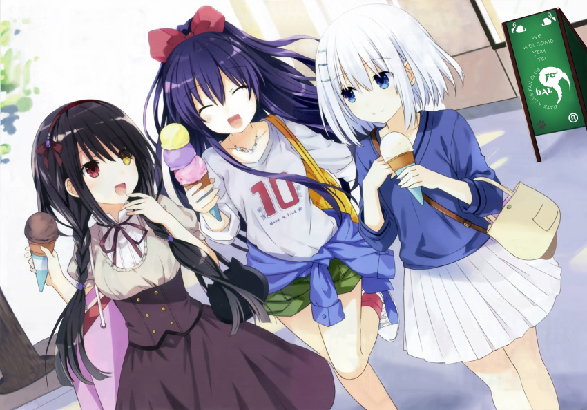 3girls date_a_live dress food heterochromia highres ice_cream multiple_girls smile tobiichi_origami tokisaki_kurumi tsunako yatogami_tooka