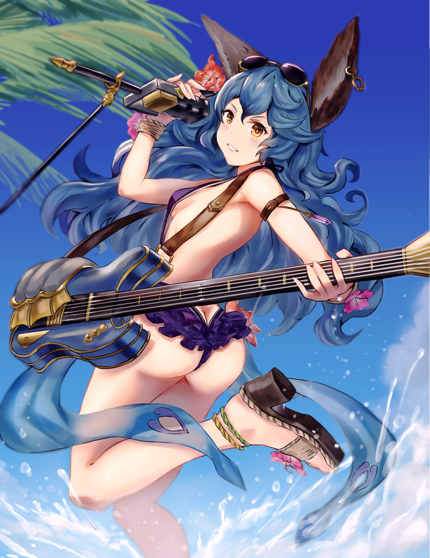 1girl animal_ears ass blue_hair blush butt_crack chiwa_(tsugumisky) ferry_(granblue_fantasy) flower granblue_fantasy guitar heart highres instrument long_hair looking_at_viewer sandals smile solo splashing sunglasses sunglasses_on_head swimsuit very_long_hair yellow_eyes