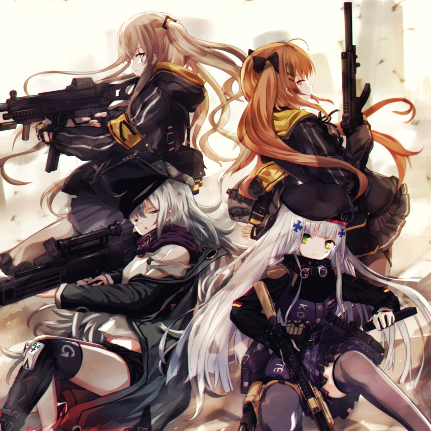 404_(girls_frontline) 4girls armband assault_rifle beret brown_hair dyolf eotech g11 g11_(girls_frontline) german_flag girls_frontline green_hair gun h&amp;k_ump hat heckler_&amp;_koch highres hk416 hk416_(girls_frontline) long_hair messy_hair multiple_girls rifle shorts side_ponytail silver_hair skirt submachine_gun thigh-highs twintails ump45_(girls_frontline) ump9_(girls_frontline) weapon