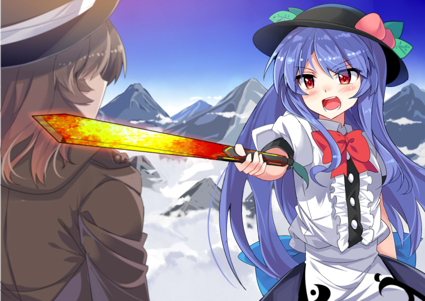 2girls above_clouds black_hat blue_hair blush bow coat day e.o. eyebrows_visible_through_hair facing_another food from_behind fruit hat hinanawi_tenshi holding holding_sword holding_weapon long_hair looking_at_another mountain multiple_girls open_mouth outdoors peach puffy_short_sleeves puffy_sleeves red_bow red_eyes red_ribbon ribbon short_sleeves sword sword_of_hisou teeth touhou usami_renko weapon white_ribbon