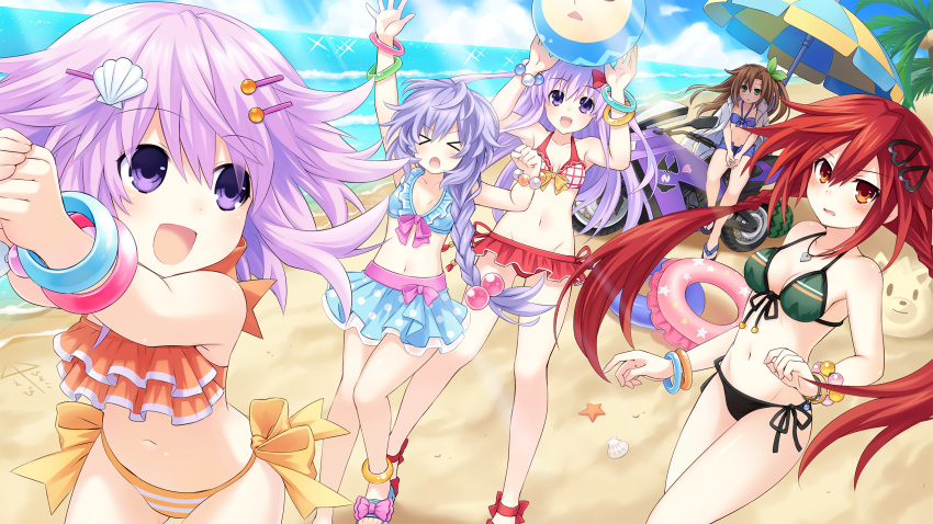 &gt;_&lt; 5girls ball beach beach_umbrella beachball bikini bikini_skirt blush bow bracelet brown_hair choujigen_taisen_neptune_vs_sega_hard_girls closed_eyes clouds day frilled_bikini frills front-tie_top game_cg green_eyes ground_vehicle hair_bow hair_ornament hairclip highres if_(choujigen_game_neptune) jewelry light_rays long_hair motor_vehicle motorcycle multiple_girls navel nepgear neptune_(choujigen_game_neptune) neptune_(series) ocean official_art open_mouth outdoors parted_lips purple_hair pururut redhead ribbon side-tie_bikini sky smile sunbeam sunlight swimsuit tennouboshi_uzume tsunako twintails umbrella water