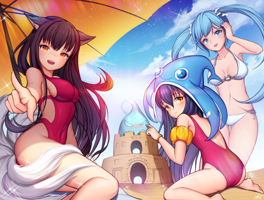 3girls ahri animal_ears ass black_hair blue_eyes blue_hair blush breasts cleavage eyebrows_visible_through_hair flat_chest fox_ears fox_tail highres league_of_legends lee_seok_ho long_hair looking_at_viewer lulu_(league_of_legends) medium_breasts multiple_girls navel open_mouth purple_hair sand_castle sand_sculpture sideboob sitting smile sona_buvelle tail teeth yellow_eyes zac