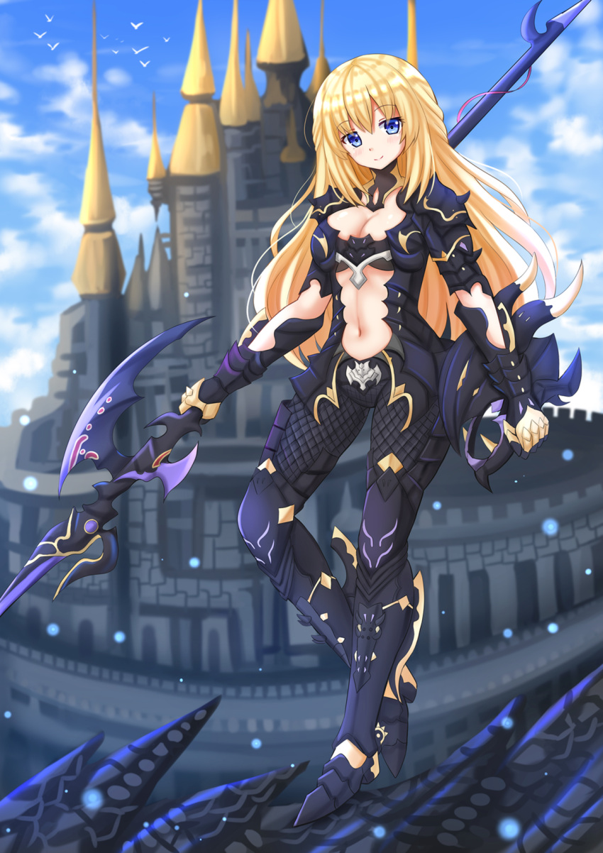 1girl alternate_costume armor blonde_hair blue_eyes blush breasts cleavage final_fantasy final_fantasy_xiv highres kazenokaze large_breasts long_hair looking_at_viewer navel neptune_(series) polearm smile solo spear standing vert weapon