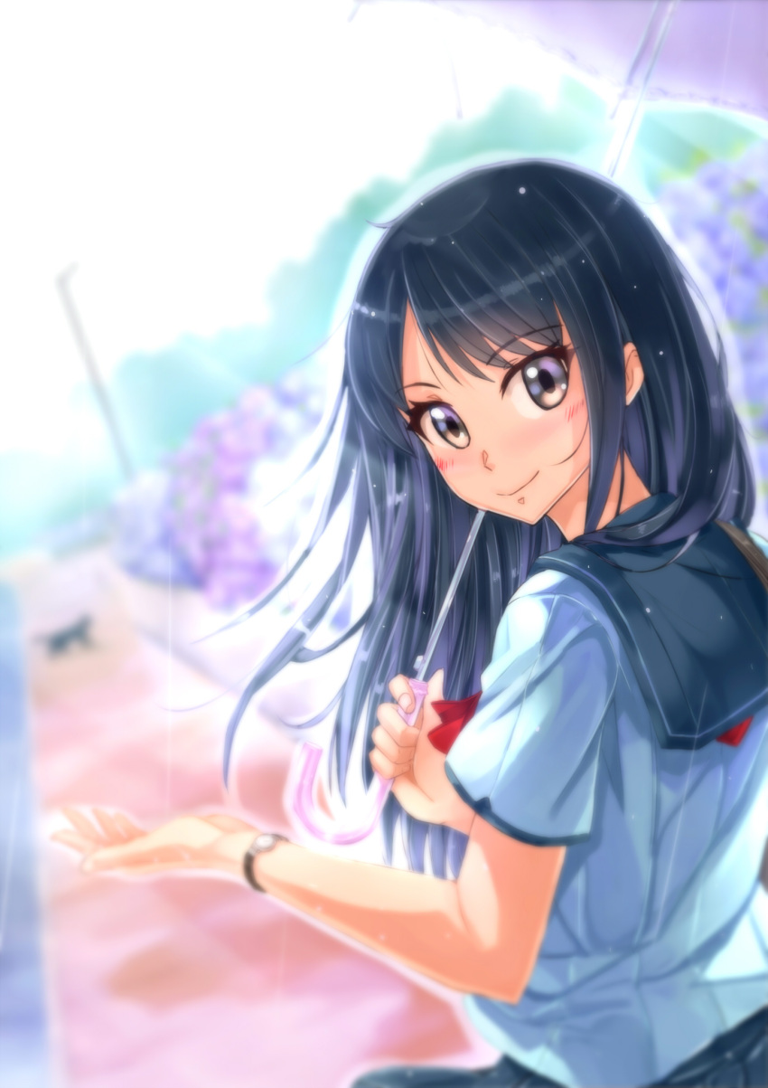 1girl black_hair blurry blurry_background highres kazeno long_hair looking_at_viewer original school_uniform serafuku solo standing umbrella violet_eyes watch watch