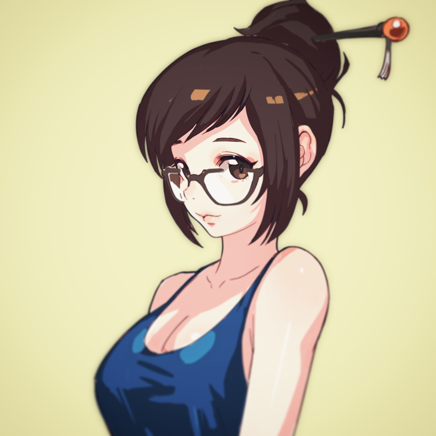 1girl arms_at_sides bare_shoulders beads black-framed_eyewear blue_shirt breasts brown_eyes brown_hair cleavage closed_mouth collarbone glasses hair_bun hair_ornament hair_stick highres hongz large_breasts lips looking_at_viewer mei_(overwatch) nose overwatch semi-rimless_glasses shirt simple_background sleeveless solo tank_top tassel thick_eyebrows under-rim_glasses upper_body yellow_background