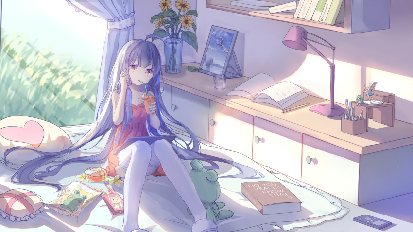 1girl absurdres ahoge bare_shoulders bed book collarbone drawer dress drink drinking figure flower food furniture graphite_(medium) heart highres lamp long_hair looking_at_viewer mirror pale_skin pen pillow pocky purple_hair room shelf sitting sketch sleeveless solo stuffed_animal stuffed_frog stuffed_toy sweets thigh-highs traditional_media very_long_hair vocaloid window xingchen yue_yue