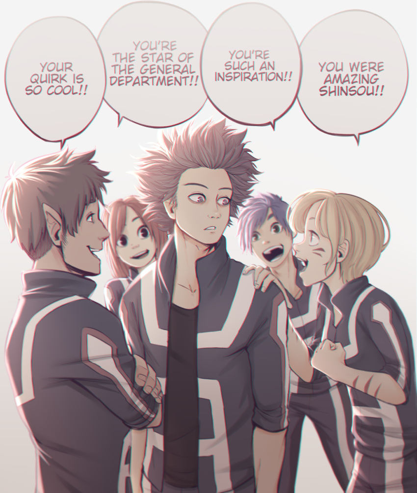 !! 1girl 4boys blue_eyes blue_hair boku_no_hero_academia english hand_on_another's_shoulder hard_translated highres jacket keiid long_sleeves multiple_boys open_mouth pants parted_lips pointy_ears shinsou_hitoshi smile speech_bubble spiky_hair teeth text track_jacket track_pants whisker_markings