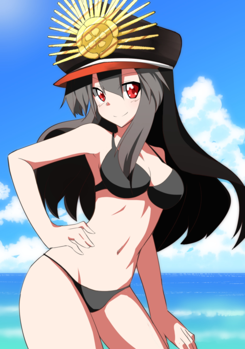 1girl beach bikini black_bikini black_hair black_hat cowboy_shot day demon_archer fate/grand_order fate_(series) hat highres koha-ace long_hair looking_at_viewer outdoors pose red_eyes sena_kizahashi swimsuit