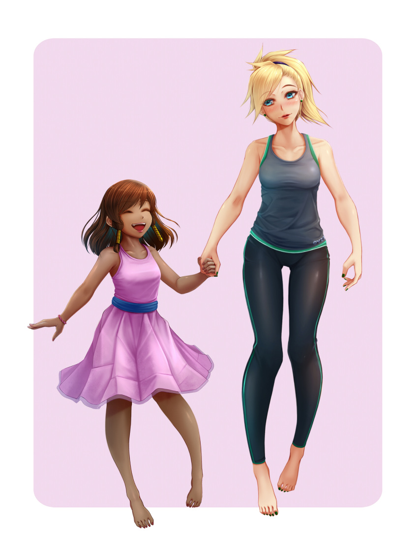 2girls age_difference alternate_costume barefoot black_hair black_legwear blonde_hair blue_eyes blue_nails blush breasts casual child closed_eyes dark_skin dress eyebrows_visible_through_hair fang feet full_body grey_shirt hair_tubes hand_holding head_tilt high_ponytail highres looking_at_another mercy_(overwatch) multiple_girls nail_polish oldlim open_mouth overwatch pharah_(overwatch) purple_background purple_dress red_lips shirt side_braids simple_background small_breasts smile toes white_background white_border younger