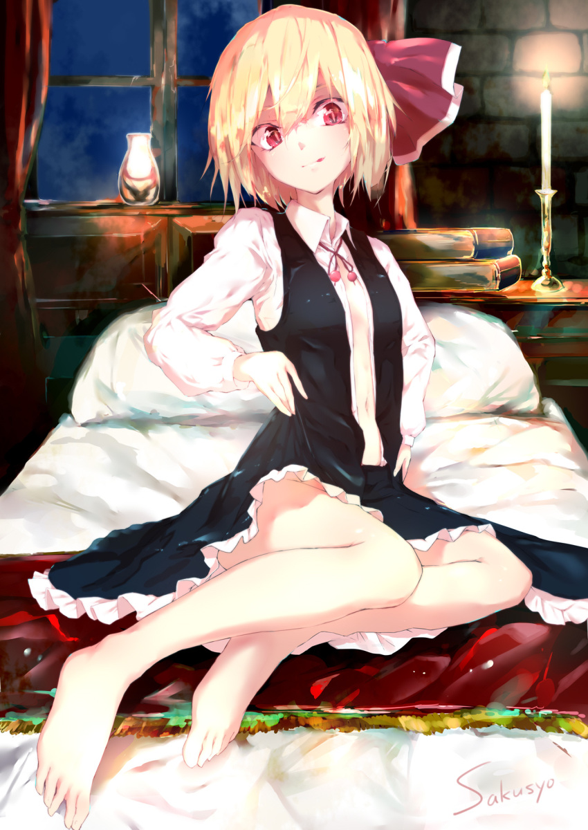 1girl :q barefoot bed bedroom blonde_hair candle candlelight candlestand frilled_skirt frills hair_ribbon highres navel no_panties on_bed open_clothes open_shirt open_vest red_eyes ribbon rumia sakushou shirt short_hair signature skirt solo tongue tongue_out touhou vest window