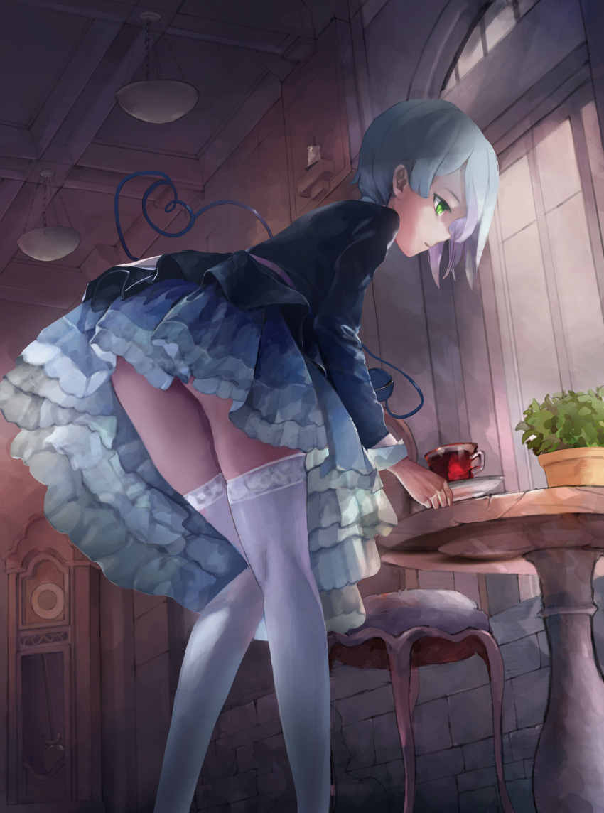 1girl absurdres bent_over chair clock commentary_request cup gradient_hair grandfather_clock green_eyes highres indoors komeiji_koishi long_sleeves multicolored_hair pink_hair plant potted_plant profile pupil_g short_hair skirt solo standing table teacup thigh-highs third_eye touhou white_legwear window