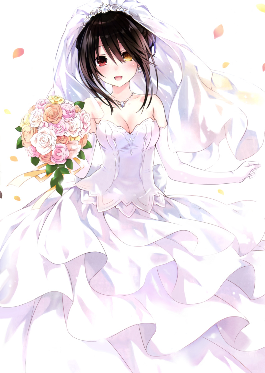 1girl absurdres bangs bare_shoulders blush bouquet breasts bride cleavage collarbone commentary cover date_a_live dress earrings elbow_gloves eyebrows_visible_through_hair flower gloves hair_ornament highres holding huge_filesize jewelry looking_at_viewer medium_breasts necklace official_art open_mouth petals red_eyes shoulders simple_background smile solo tokisaki_kurumi tsunako veil wedding_dress white_background white_dress white_gloves yellow_eyes