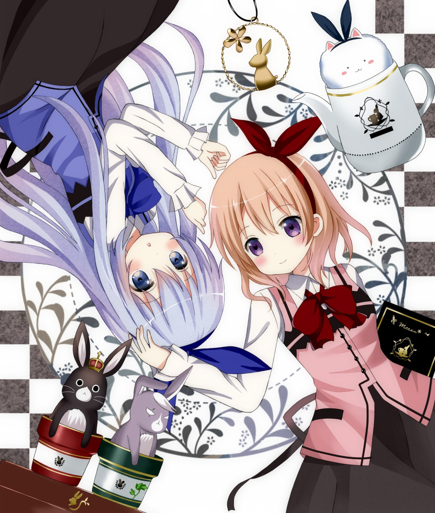 2girls anko_(gochiusa) black_skirt blue_bow blue_bowtie blue_ribbon bow bowtie brown_hair checkered checkered_background eyebrows_visible_through_hair gochuumon_wa_usagi_desu_ka? hair_between_eyes hair_ribbon hand_on_another's_head highres hoto_cocoa kafuu_chino long_hair long_skirt maid multiple_girls rabbit red_bow red_bowtie red_ribbon ribbon ryoutan shirt silver_hair skirt tippy_(gochiusa) very_long_hair violet_eyes white_shirt wild_geese