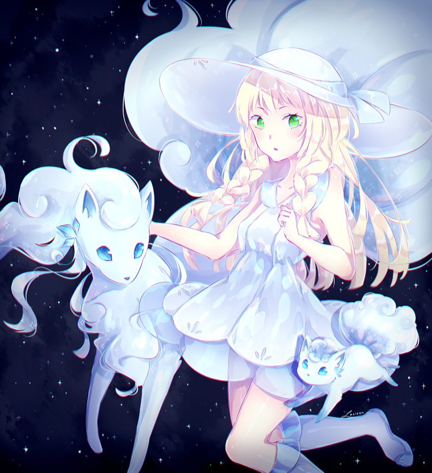 1girl :o alola_form alolan_ninetales alolan_vulpix artist_name bangs bare_arms bare_shoulders blonde_hair blue_ribbon blue_shoes blunt_bangs braid breasts collarbone collared_dress dress green_eyes hat hat_ribbon highres kneehighs lacieon lillie_(pokemon) long_hair looking_at_viewer night night_sky open_mouth pokemon pokemon_(anime) pokemon_(creature) pokemon_sm_(anime) ribbon see-through shoes sky sleeveless sleeveless_dress small_breasts standing standing_on_one_leg star_(sky) starry_sky sun_hat sundress twin_braids white_dress white_hat white_legwear