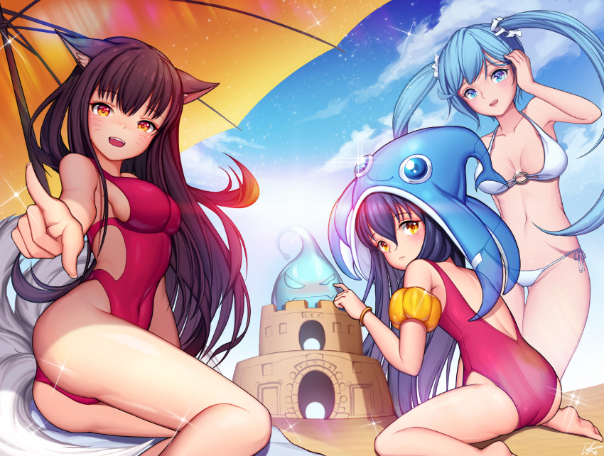 3girls ahri animal_ears ass black_hair blue_eyes blue_hair blush breasts cleavage eyebrows_visible_through_hair flat_chest fox_ears fox_tail highres league_of_legends lee_seok_ho long_hair looking_at_viewer lulu_(league_of_legends) medium_breasts multiple_girls navel open_mouth purple_hair sand_castle sand_sculpture sideboob sitting smile sona_buvelle tail teeth yellow_eyes zac