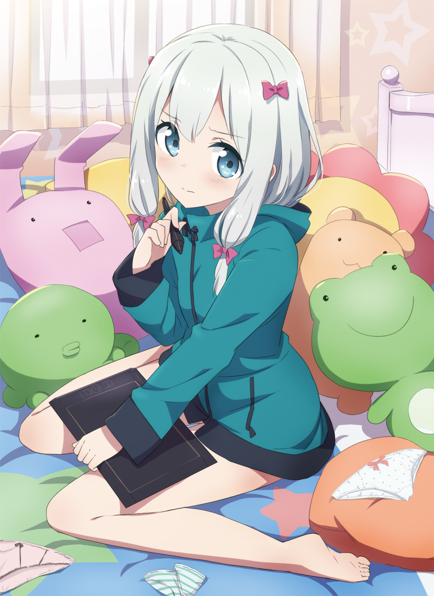 1girl 3:&lt; bare_legs barefoot bed bed_sheet bedroom blue_eyes blush book bow bow_panties eromanga_sensei gochou_(atemonai_heya) hair_bow hair_ribbon highres holding holding_book hood hooded_jacket indoors izumi_sagiri jacket long_hair looking_at_viewer panties panties_removed polka_dot polka_dot_panties ribbon sidelocks silver_hair sitting solo underwear white_panties