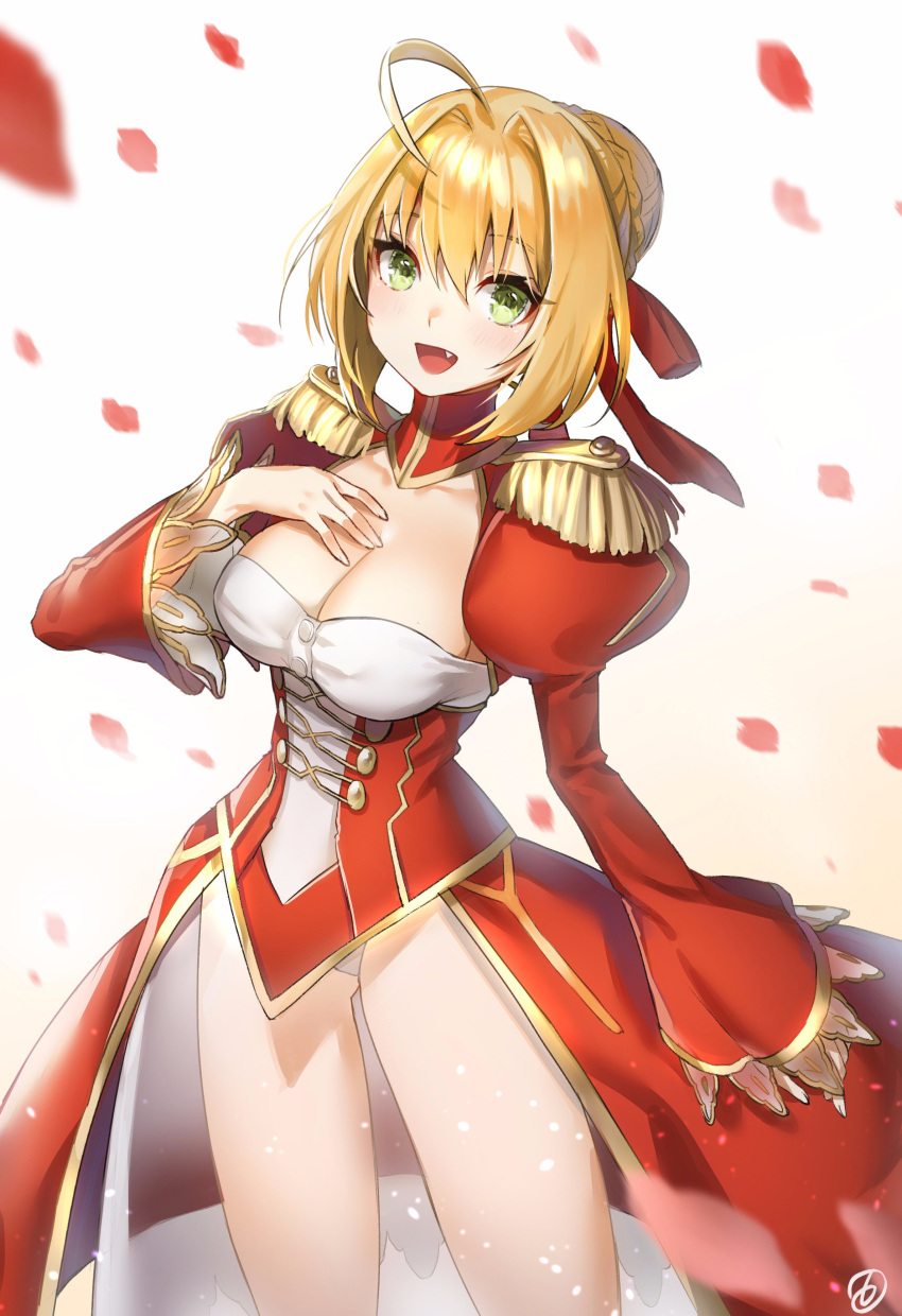 1girl absurdres ahoge bangs blonde_hair blurry braid breasts cleavage cowboy_shot depth_of_field dress epaulettes fate/extra fate_(series) french_braid green_eyes hair_between_eyes hair_bun hair_intakes hair_ribbon hand_on_own_chest hieung highres juliet_sleeves large_breasts leotard long_legs long_sleeves looking_at_viewer petals puffy_sleeves red_dress red_ribbon ribbon saber_extra sidelocks signature solo thighs white_leotard