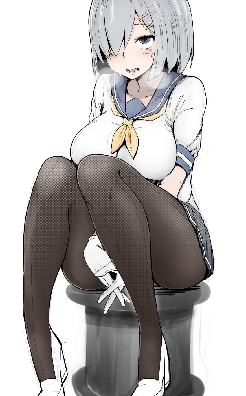 10s 1girl absurdres bangs between_legs black_skirt blue_eyes blush breasts breath brown_legwear commentary_request eyebrows_visible_through_hair freedom_nakai full_body gloves hair_ornament hair_over_one_eye hairclip hamakaze_(kantai_collection) hand_between_legs highres interlocked_fingers kantai_collection large_breasts looking_up necktie one_eye_covered open_mouth own_hands_together pantyhose pleated_skirt school_uniform serafuku shoes short_hair short_sleeves silver_hair simple_background sitting sitting_on_object skirt solo sweat white_background white_gloves white_shoes