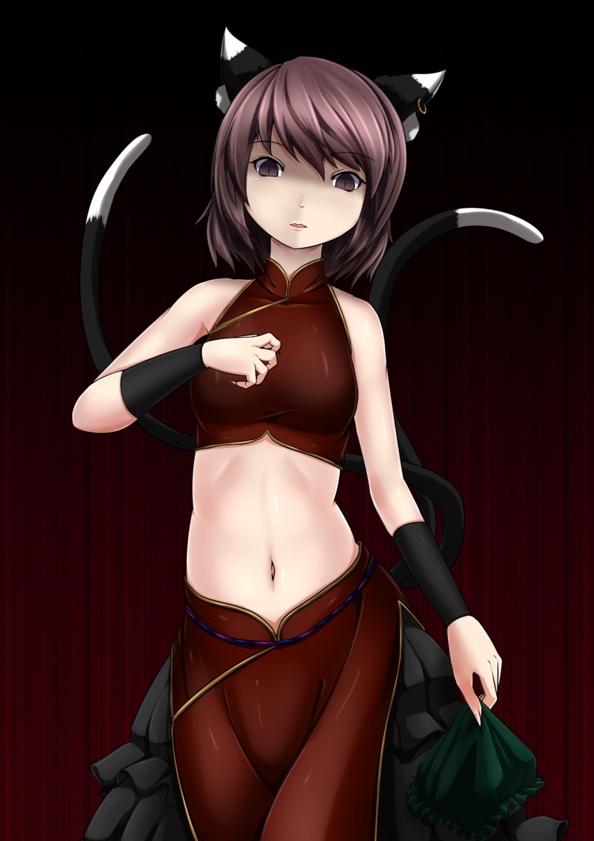 1girl animal_ears brown_eyes brown_hair cat_ears cat_tail chen commentary_request dark_persona earrings empty_eyes eyebrows_visible_through_hair fingernails frilled_skirt frills highres inyuppo jewelry midriff multiple_tails navel parted_lips shaded_face sharp_fingernails short_hair skirt slit_pupils tail touhou